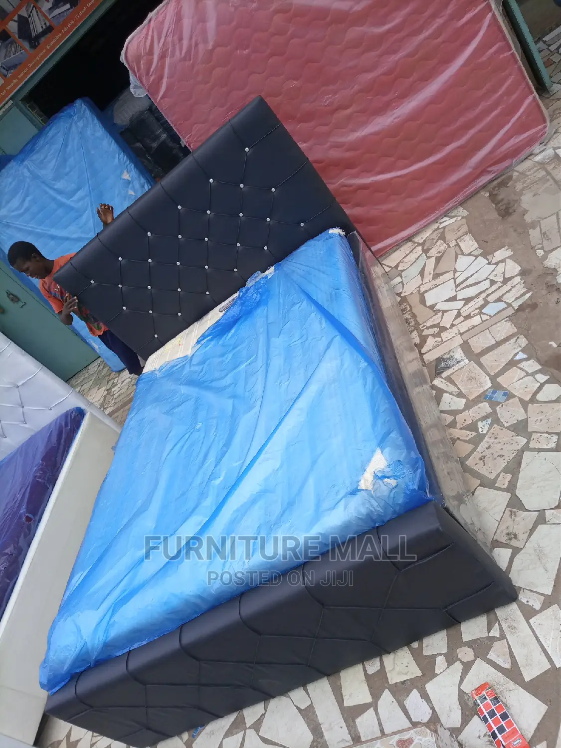 Balck Leather Bed With Matress . Free Delivery