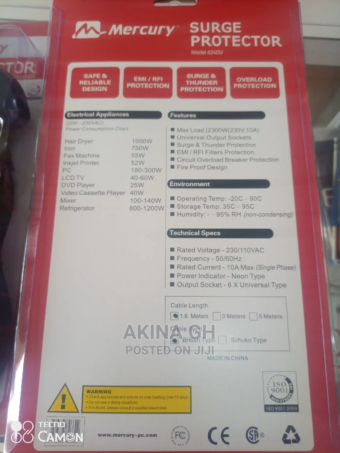 Mercury Surge Protector Extension Board 5m