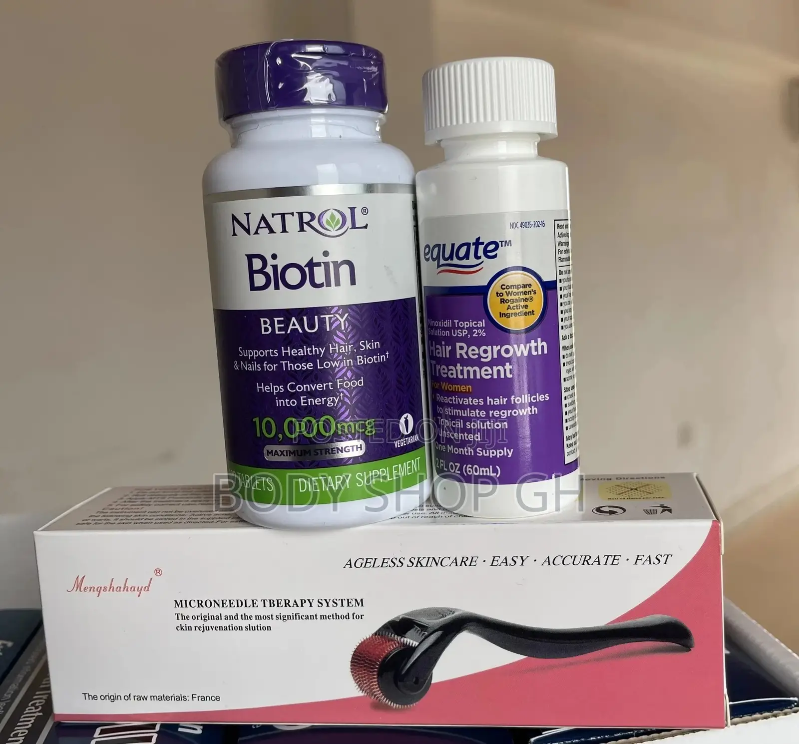 Derma Roller +Natrol Biotin +Equate Minoxidil for Women 