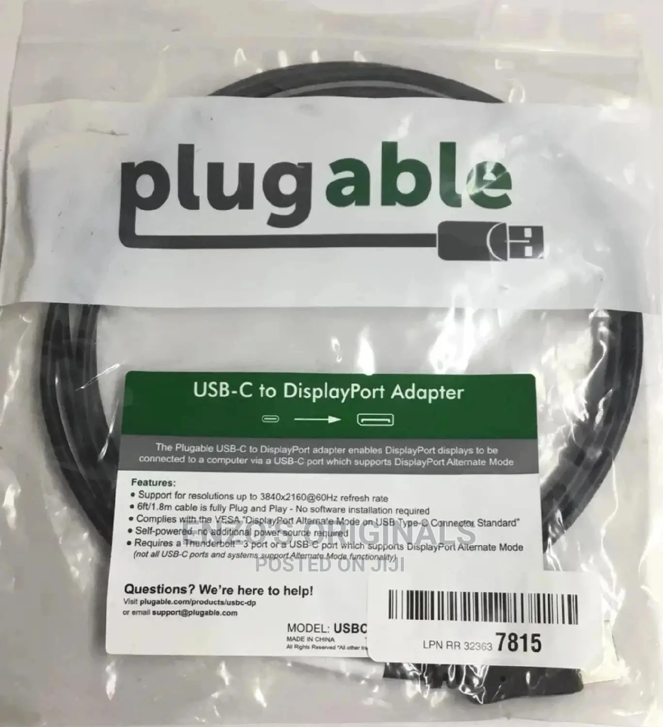 Usb-C to Display Port Cable Type-C to Dp Plugable at 400hz in Stock