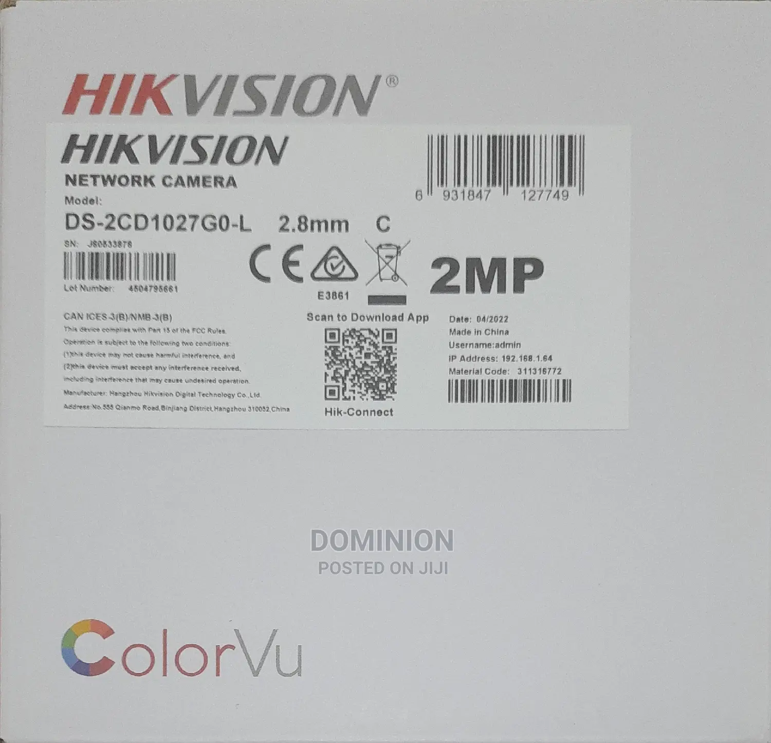 Hikvision IP 2mp (Ds-2cd1027g0-L) Bullet Camera
