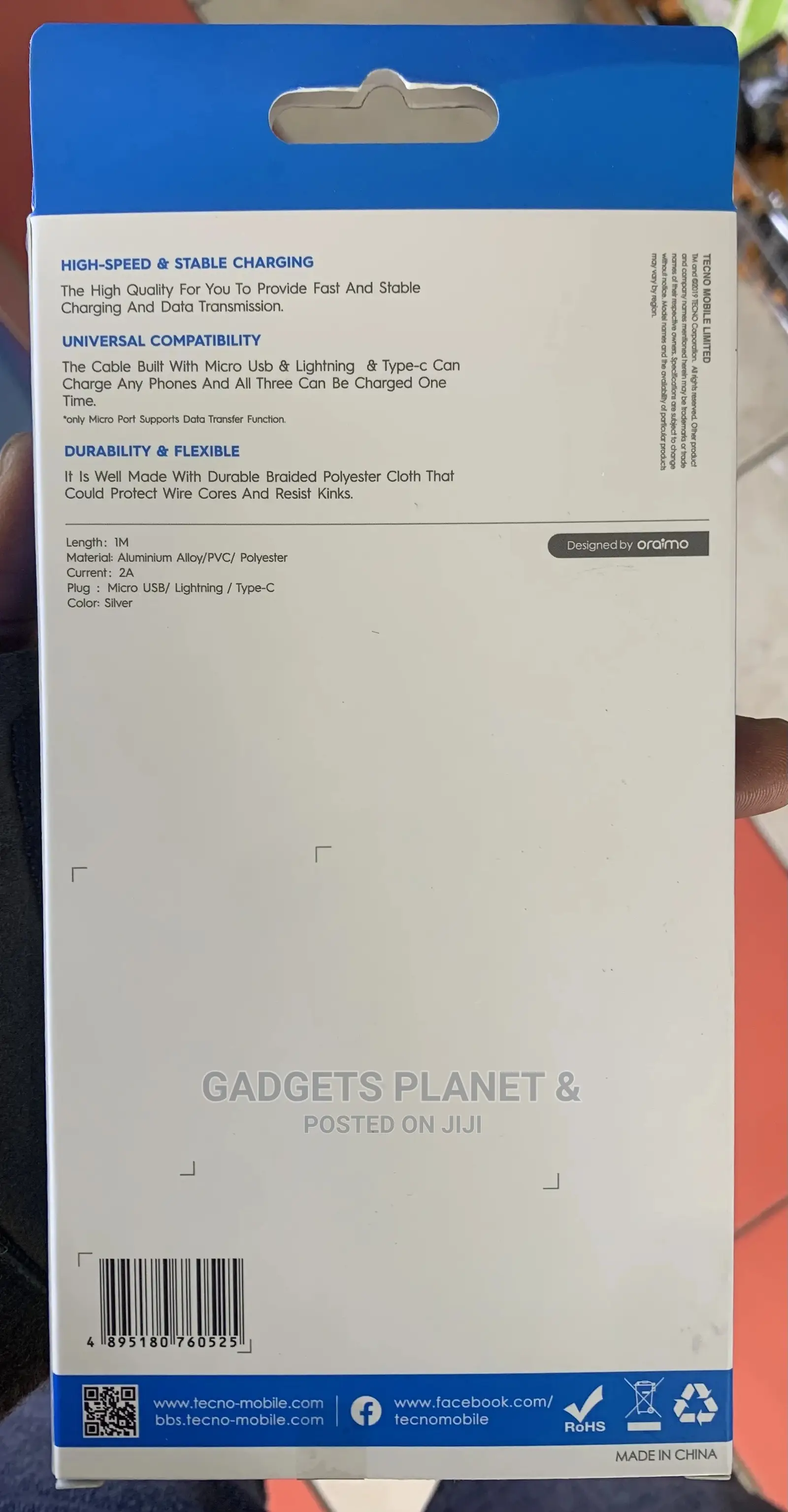 Tecno 3 in 1 Charging Data Cable - 1m