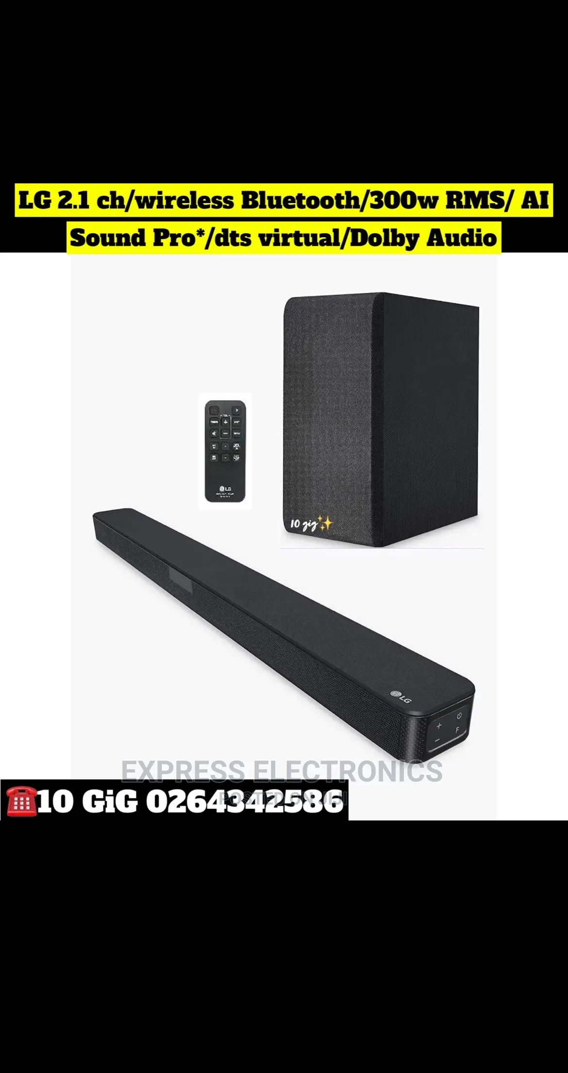 LG 2.1ch 300W Soundbar Withwireless Subwoofer and Bluetooth