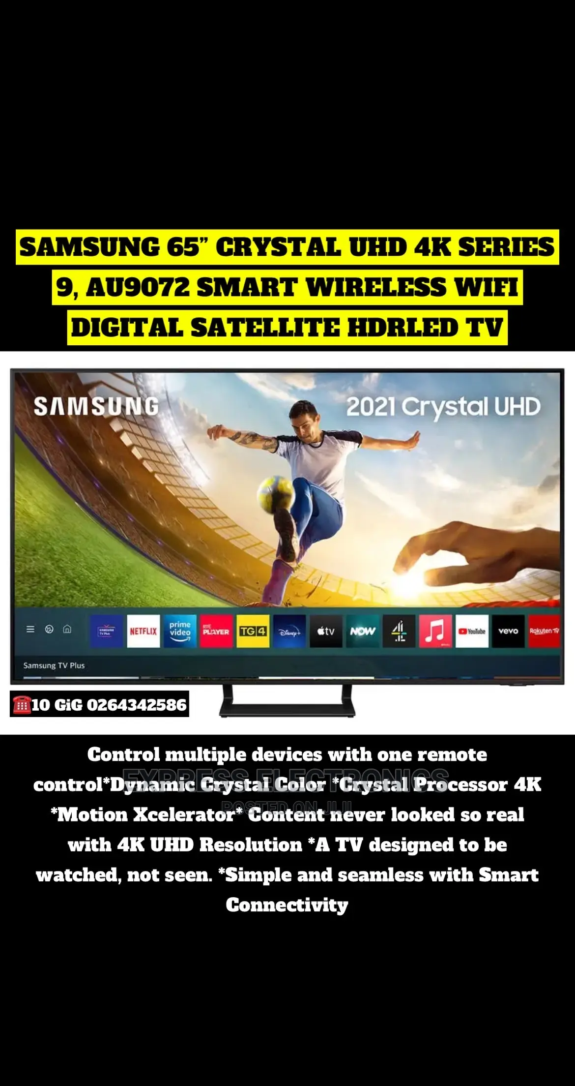 SAMSUNG 65” CRYSTAL UHD Series 9 AU9072 Smart Wireless Wi-Fi
