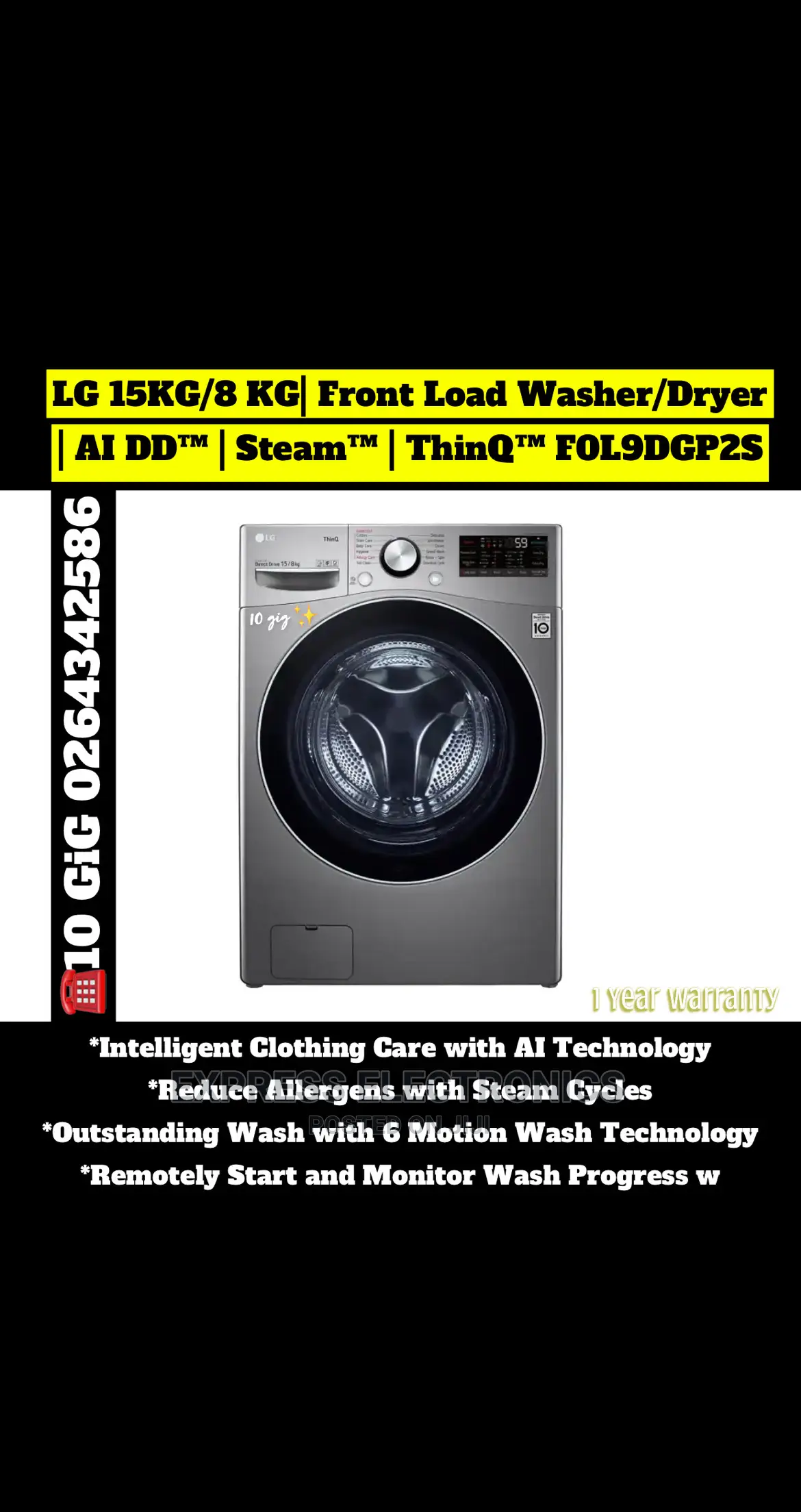 F0L9DYP2S LG Steamer Washing Machine 15kgfront Load Machine