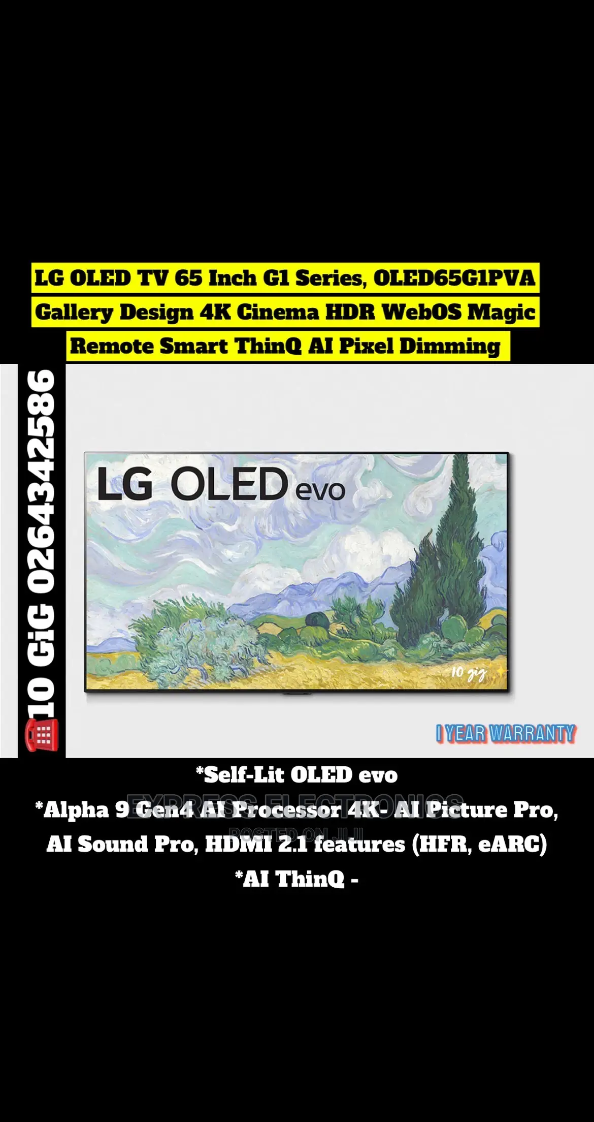 LG Oled TV 65”G1 Series,Gallery Design Cinema Oled65g1pva