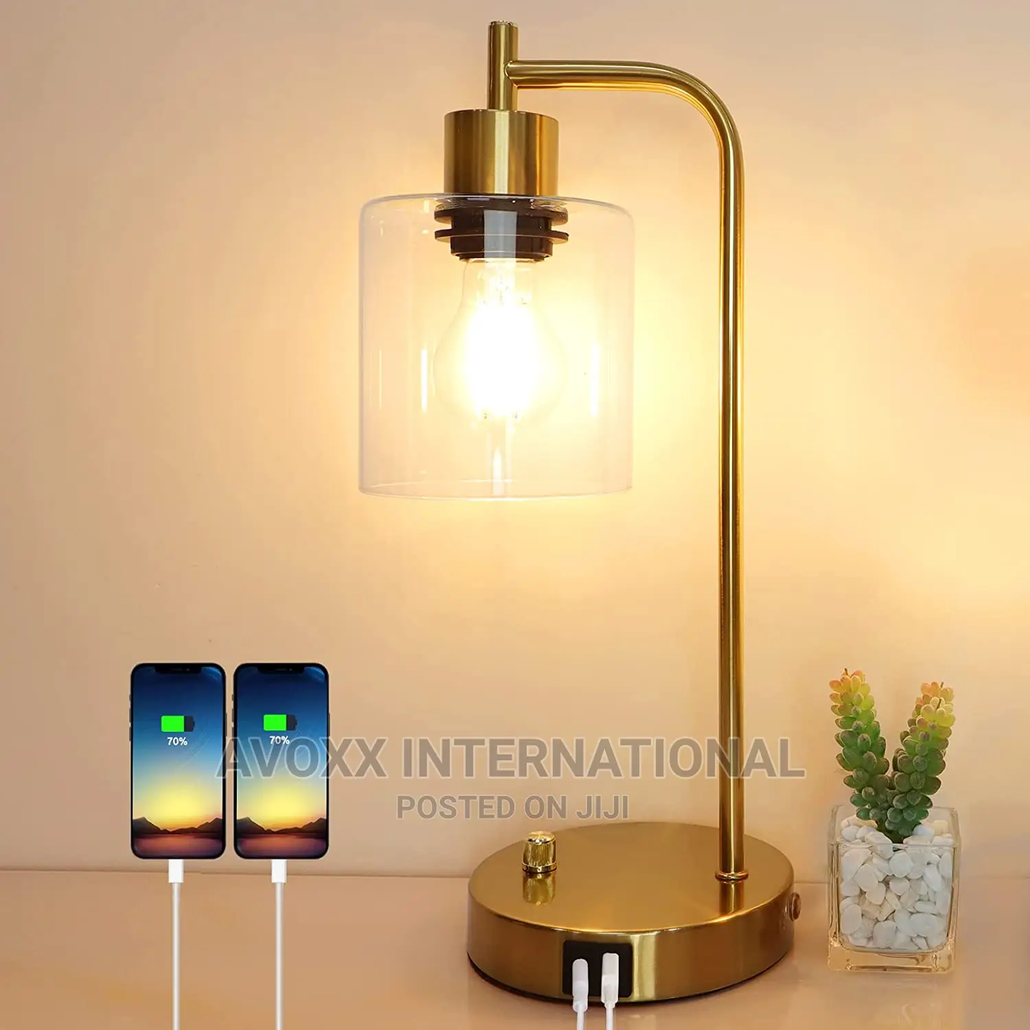 Gold Industrial Table Lamp With 2 USB Ports