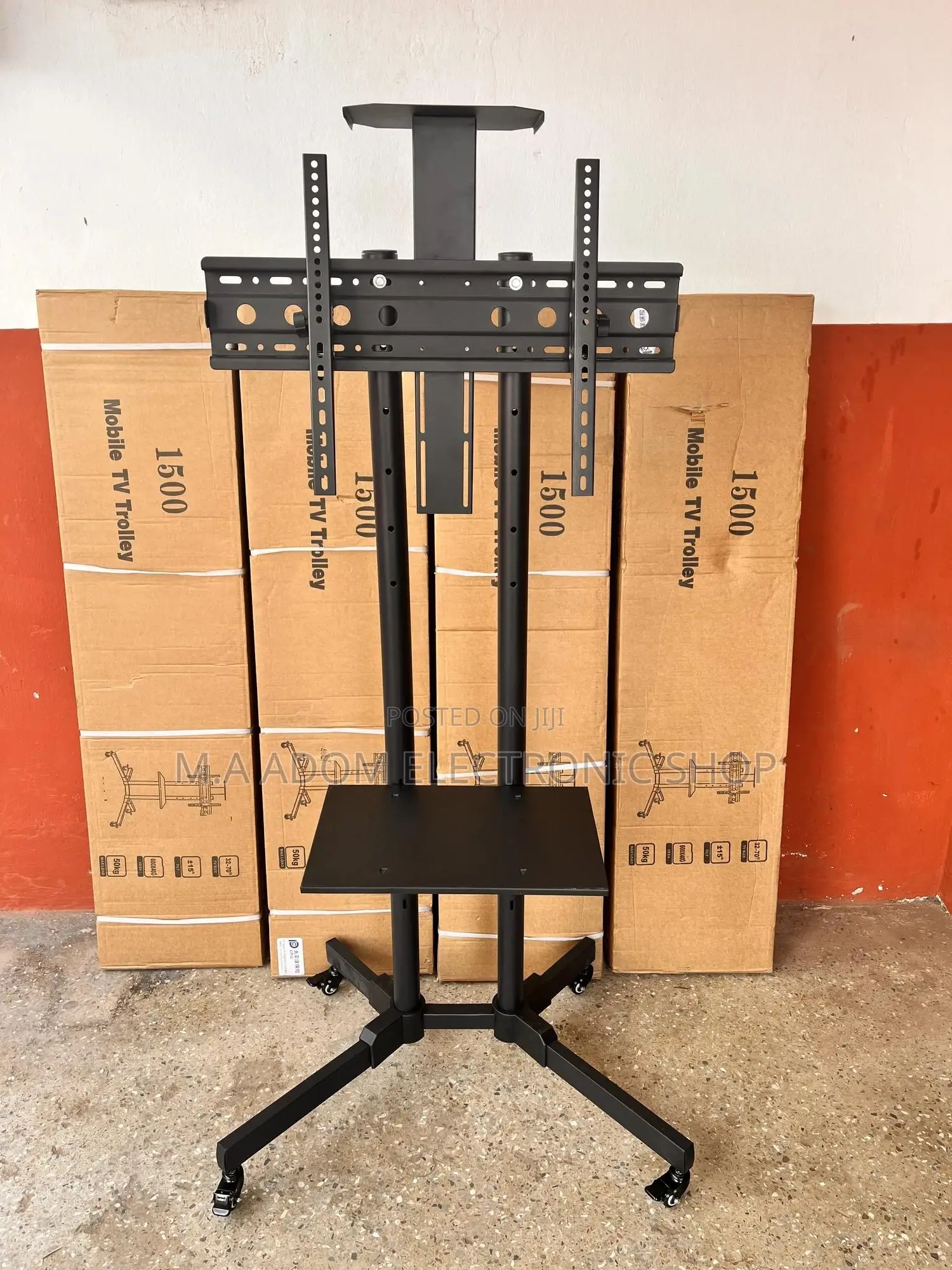 Anti Rust Black Color Tv Stand With Wheels Shelf Mount