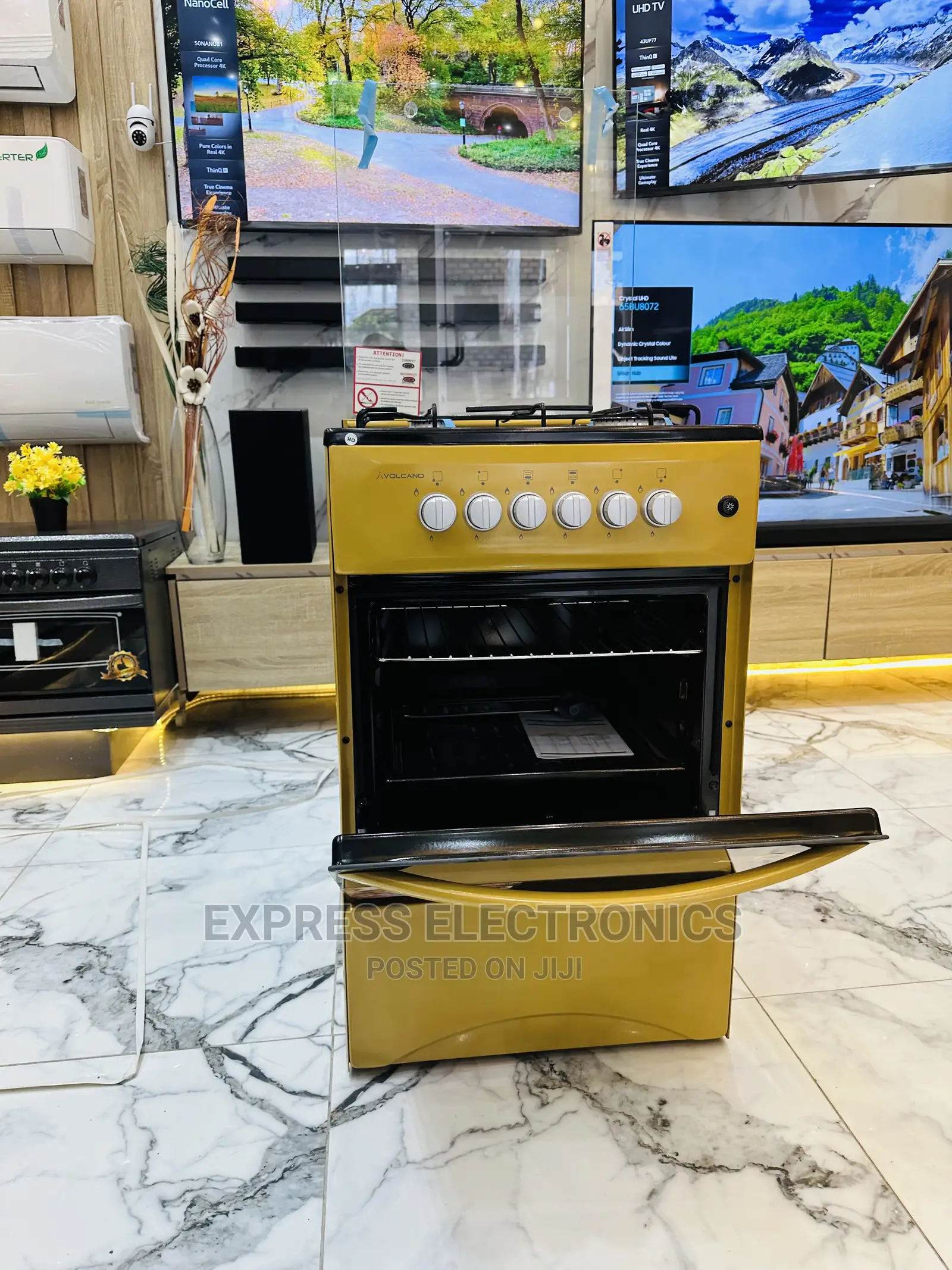 Golden Yellow 4b Gas Cooker Oven Inbuilt Lamp Volcano