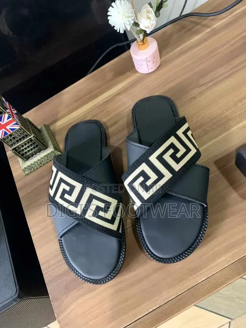 Half Black Leather Half Versace Crossed Slippers