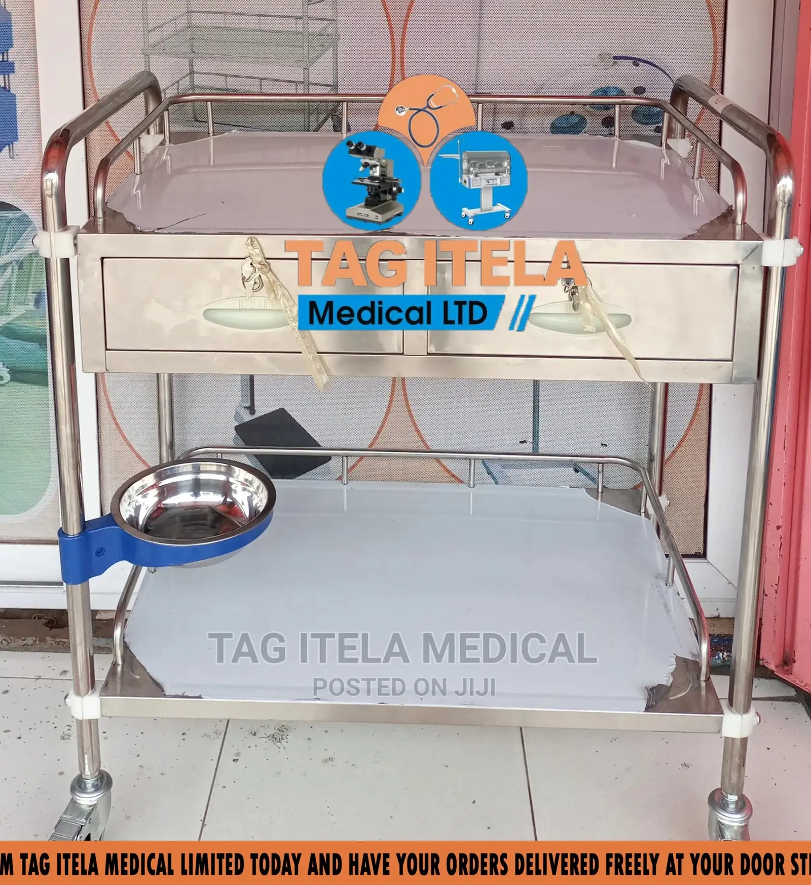 Medicine Trolley (2 Steps Stainless With Drawer)