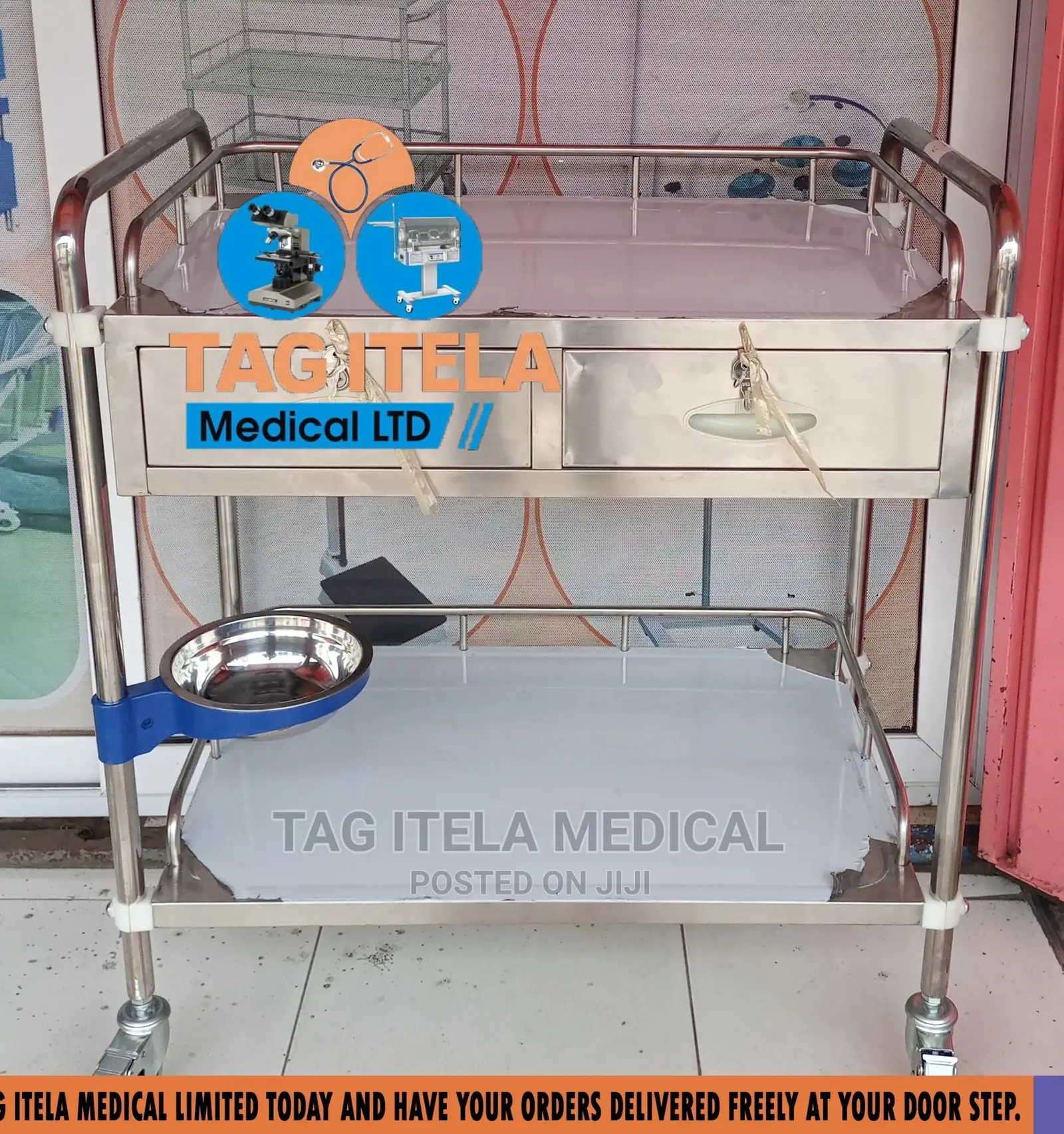 Medicine Trolley (2 Steps Stainless With Drawer)