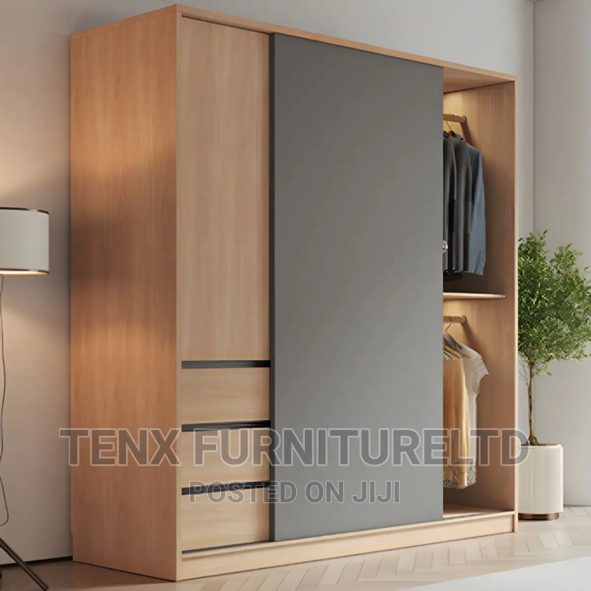 Wardrobe Sliding Door Storage Cabinet Light Wood Finish