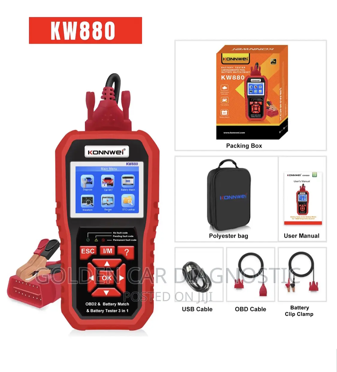 Konnwei KW880 OBD2 Car Diagnostic Scanner Battery Tester