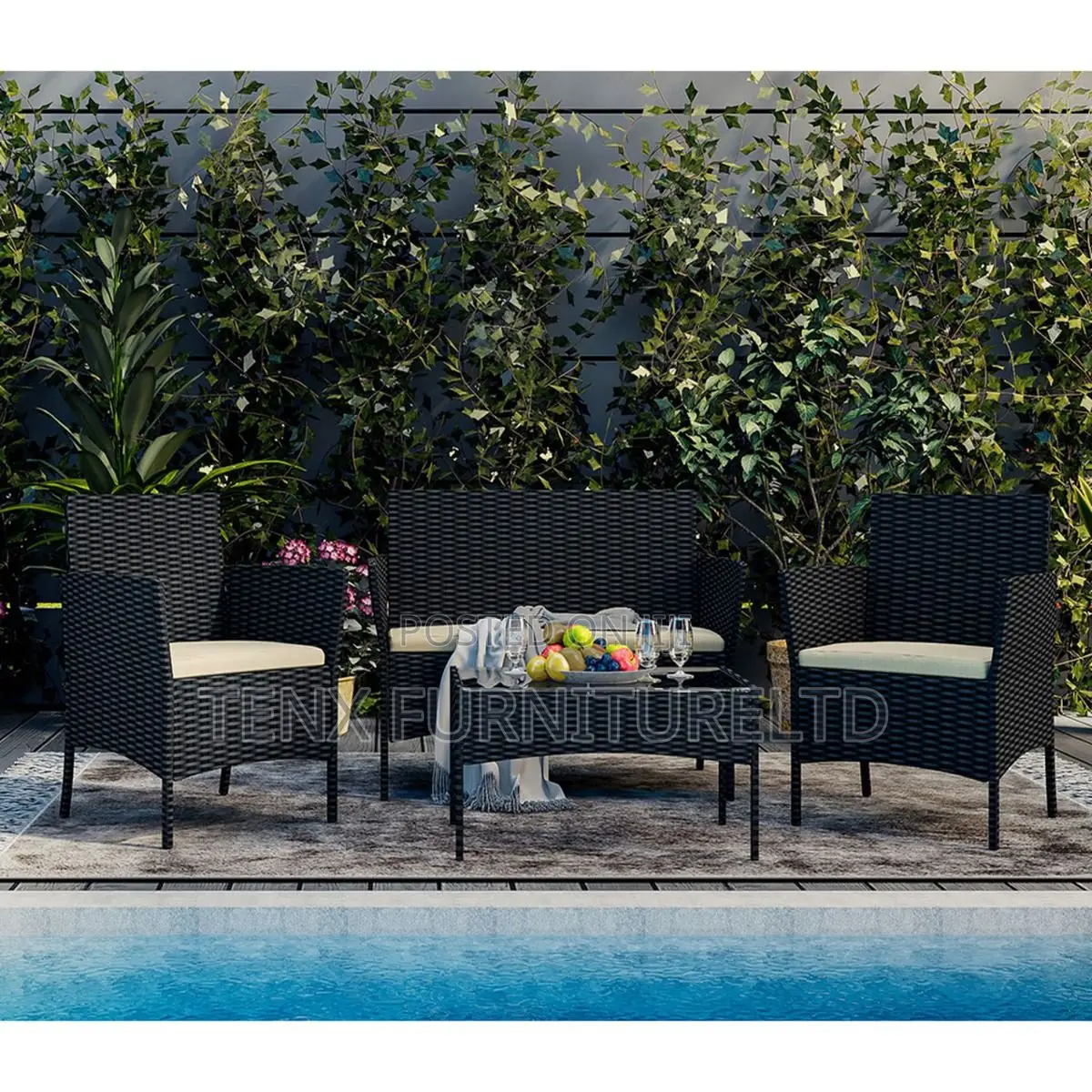Outdoor Rattan Set 4pcs Black With Table