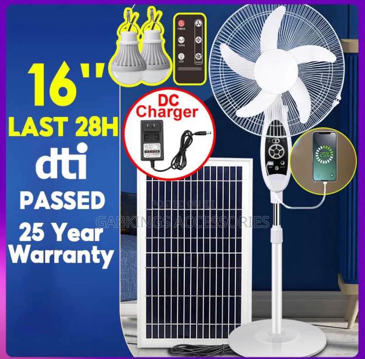 Gdtimes 16 Inches Rechargeable Fan