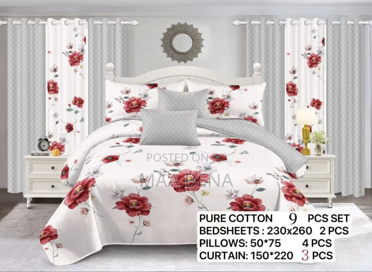 9 Pieces Set Bedding With Curtains