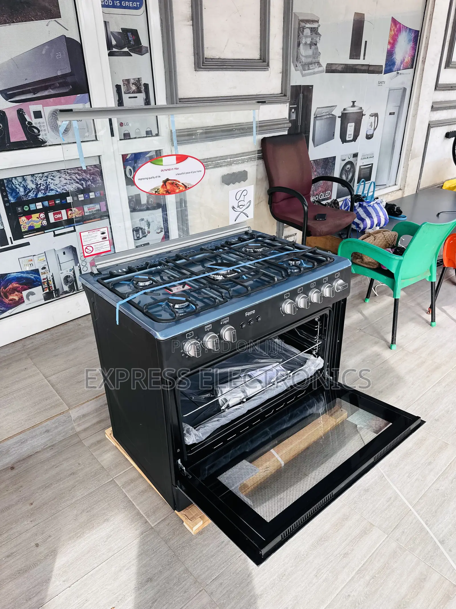 New Black Gas Cooker Oven 5burner 60/90 Feet Auto Ignition