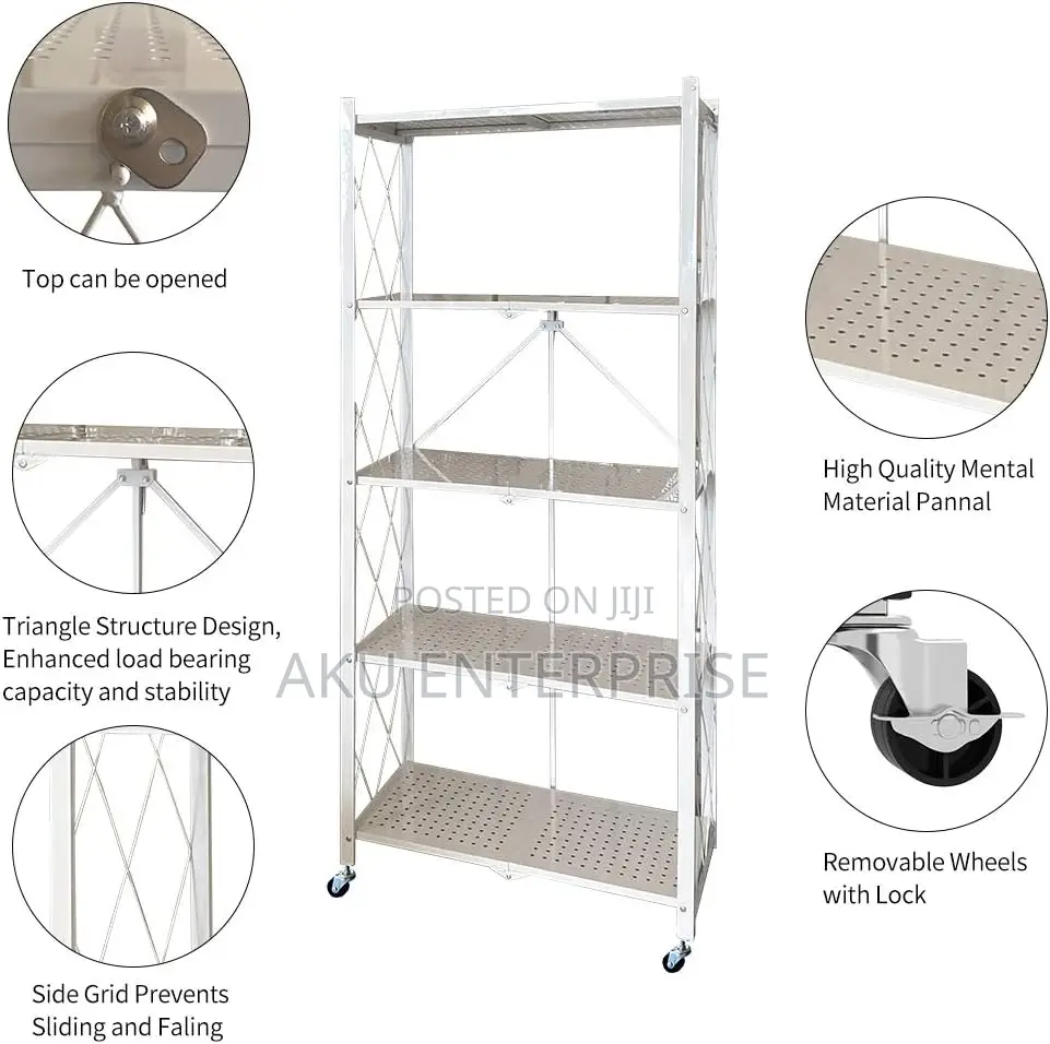 5-Tier Foldable Storage Shelves With Caster Wheels - White