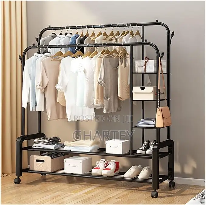 Clothes Metal Hanging Rack With Shelves Black