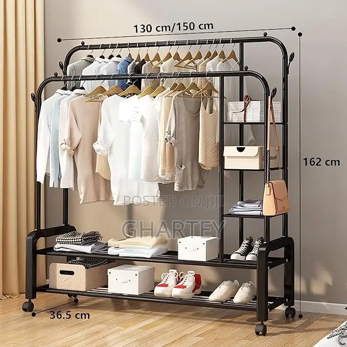 Clothes Metal Hanging Rack With Shelves Black