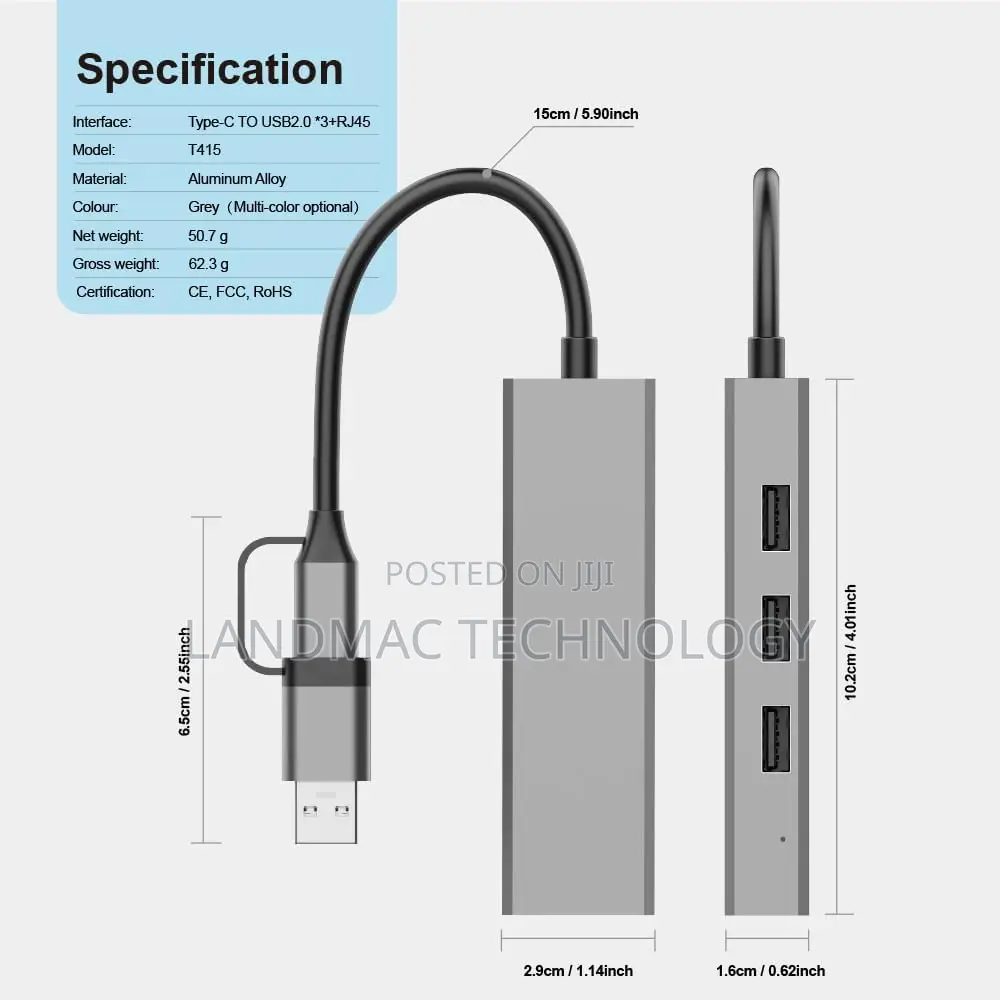 USB C Hub (4-in-1) With USB A,Ethernet