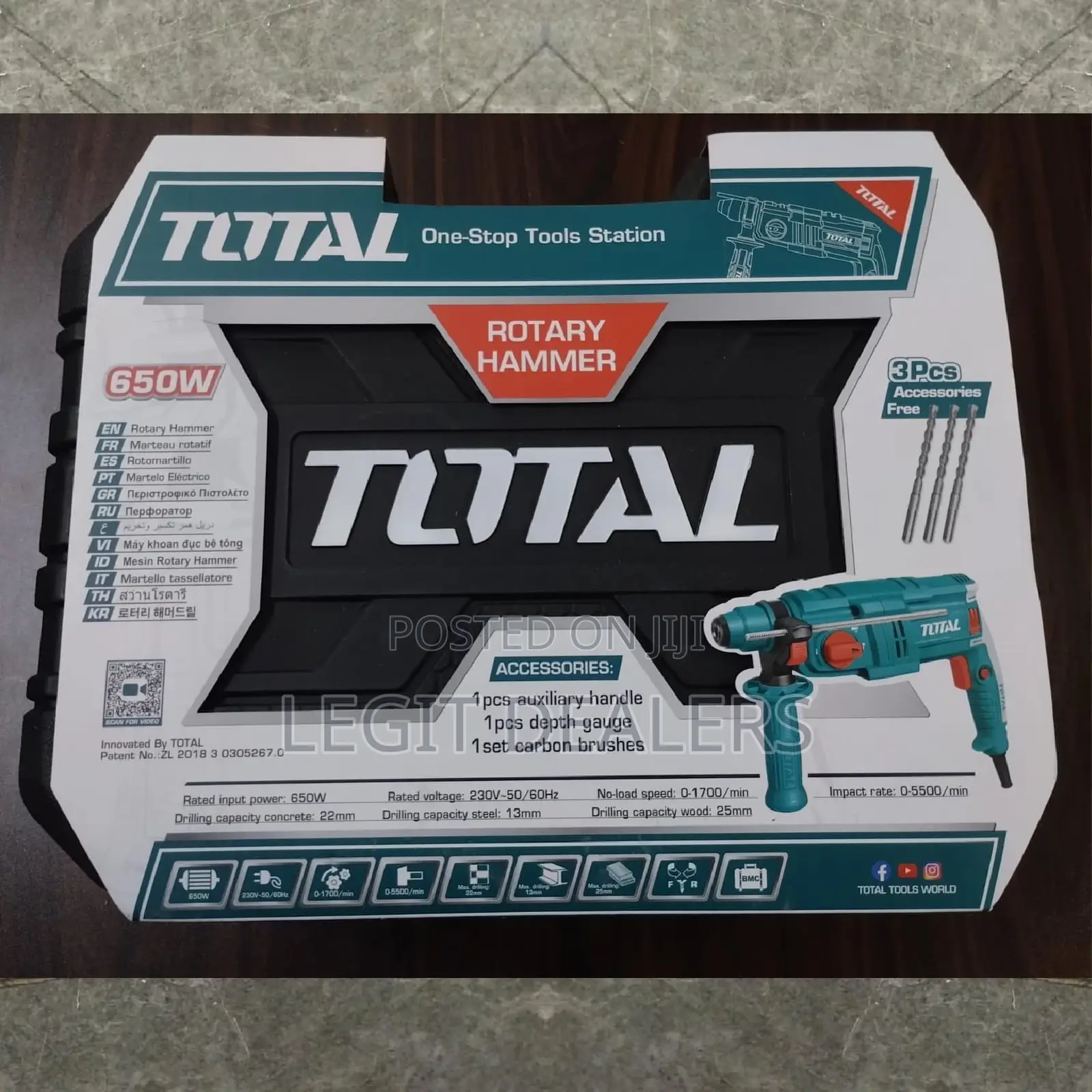 Total Rotary Hammer 650watts With 3 Drilling Bits