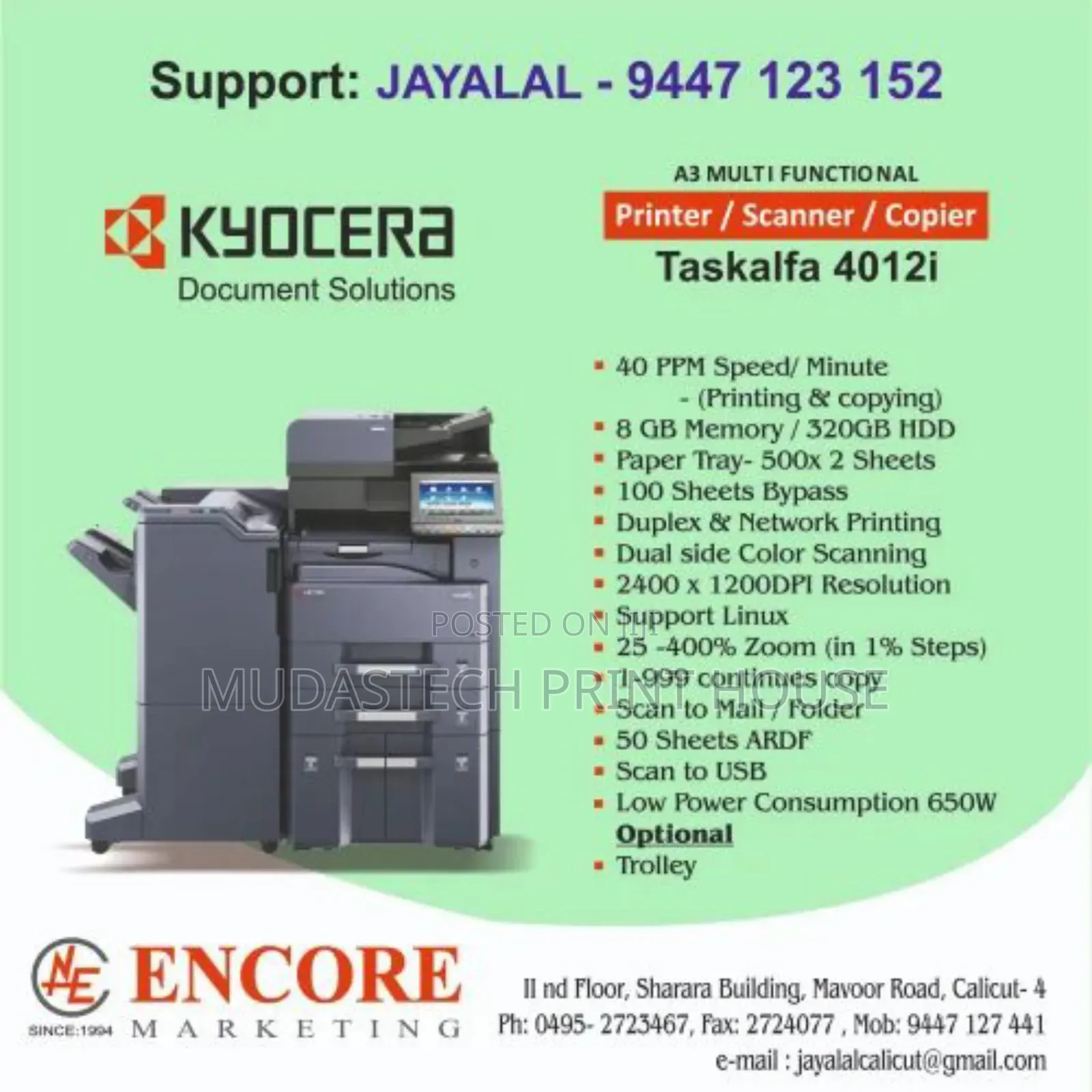 Kyocera 4012 A3 Black and White Wireless Photocopy Available