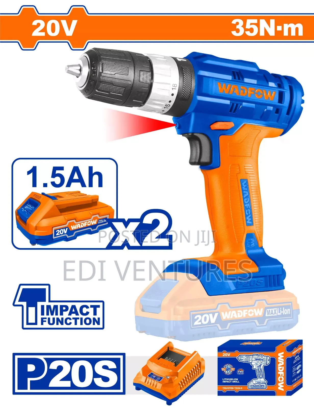 Wadfow Lithium Ion Cordless Drill 20volts