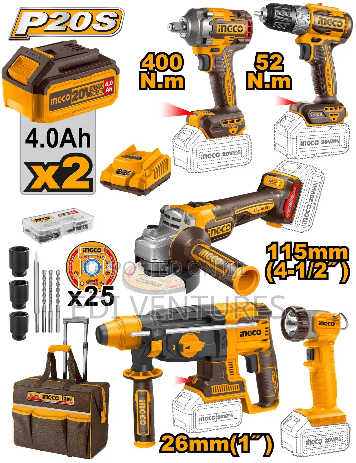Ingco 5pcs Cordless Industrial KIT 20V +Battery-Ckli2058