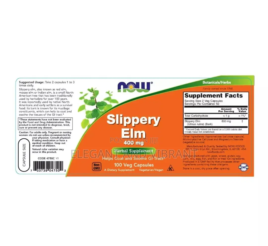 Now Slipprey Elm,400mg 100 Vegetable Capsules
