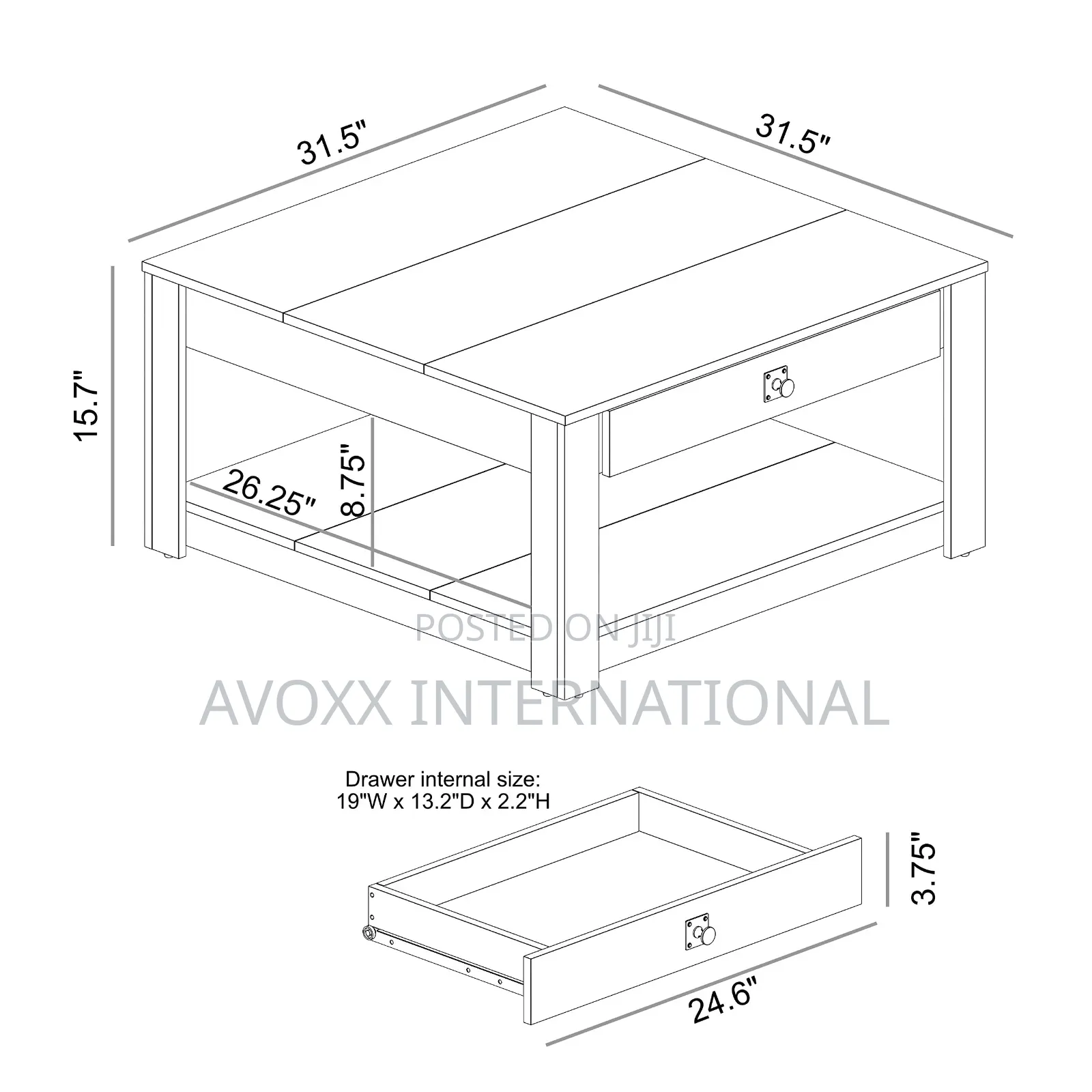 Galano Philia Square Modern Coffee Table With Storage Drawer