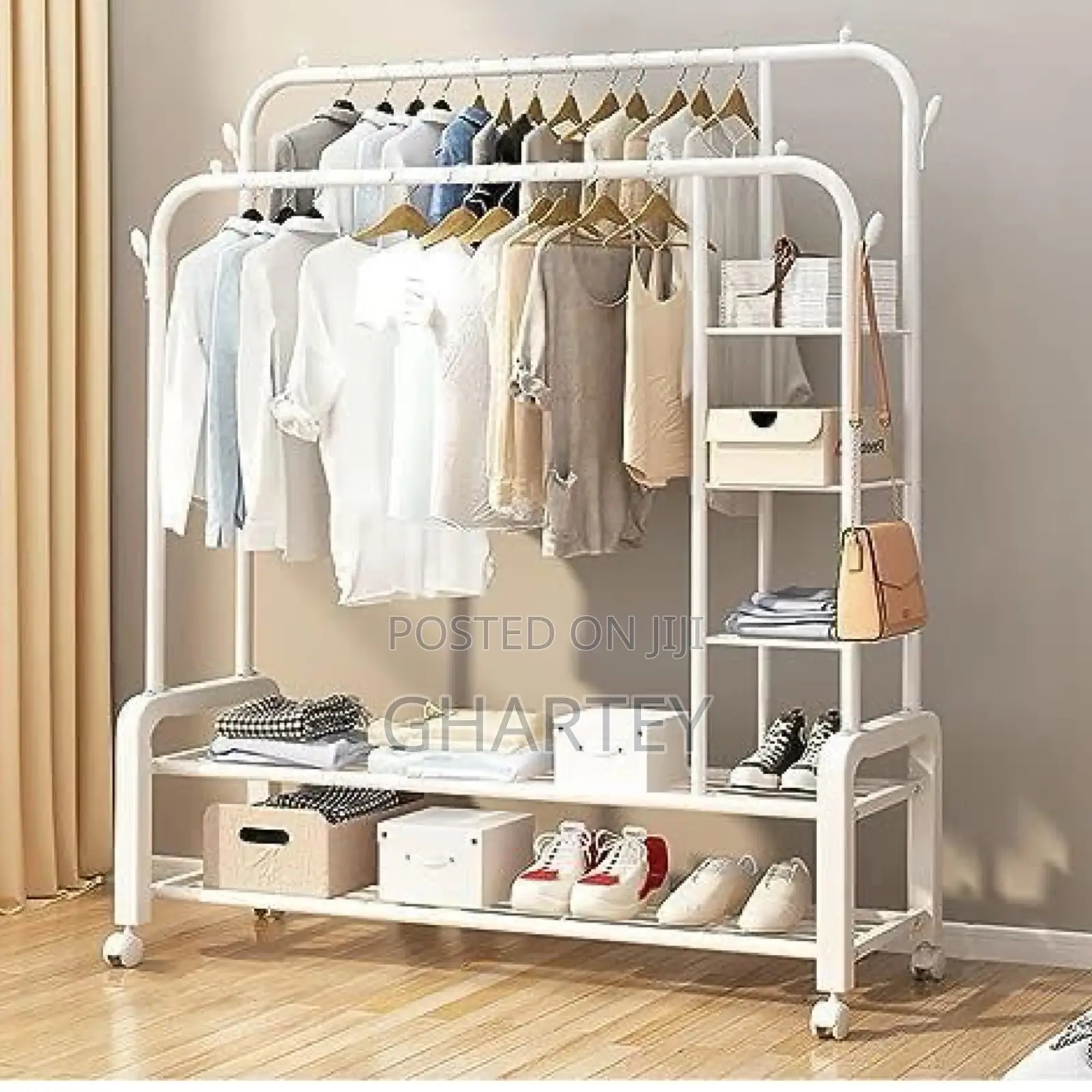 Metal Clothes Hanging Rack With Shelfs - White