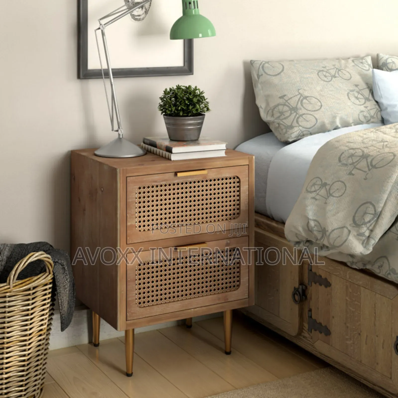 Nador Rustic Woven Fronts Nightstand, 2 Drawer End Table