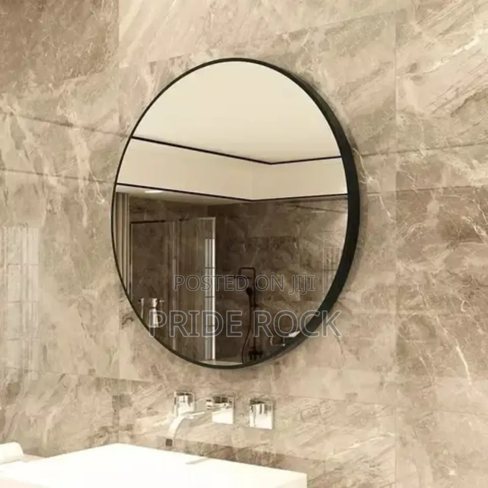 Black Round Mirror With Metal Shelf