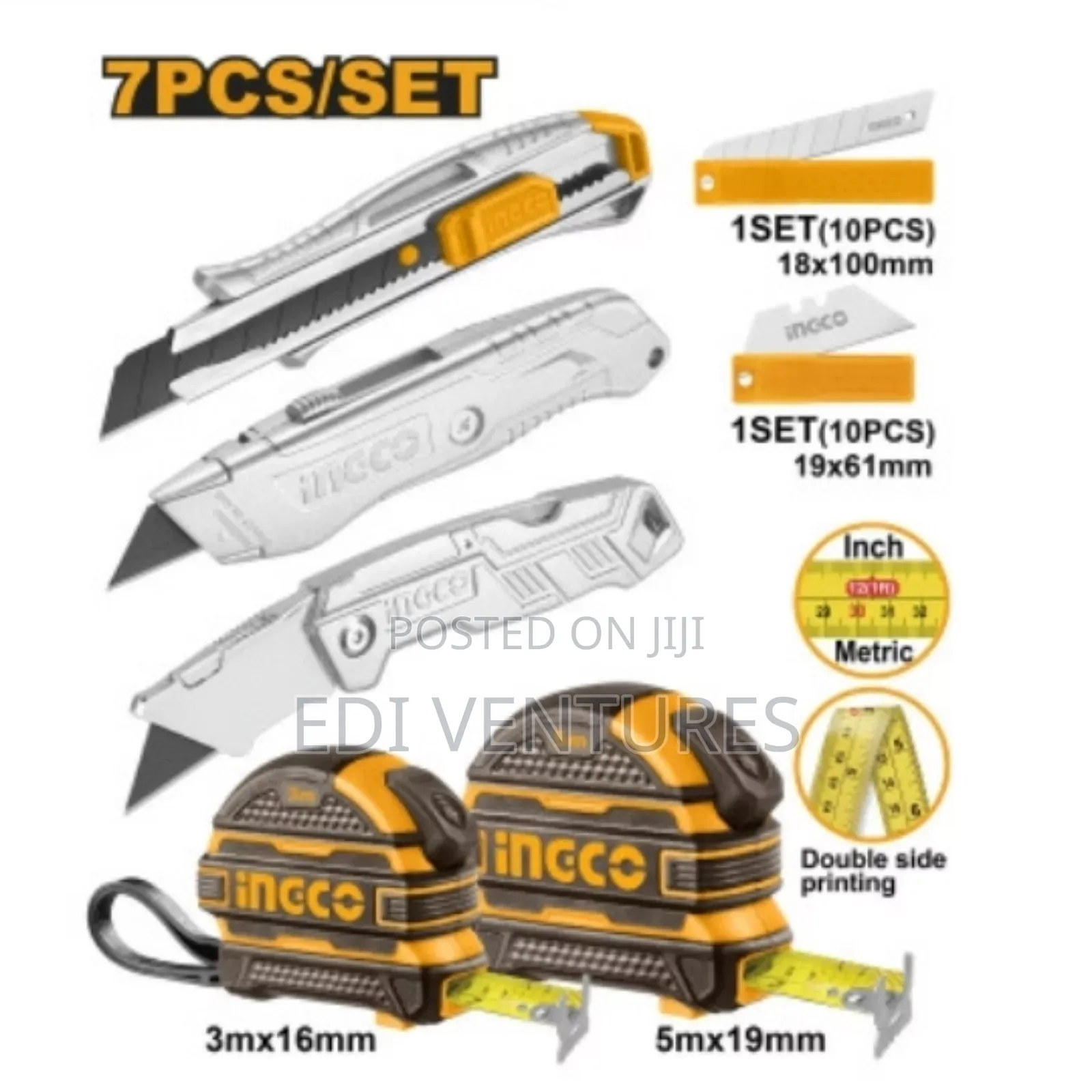 INGCO 2 Measuring Tapes and 3 Utility Knives Set