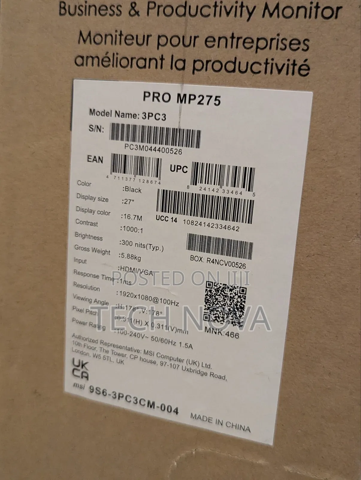 MSI PRO MP275 27 Inch 100hz Refresh Rate