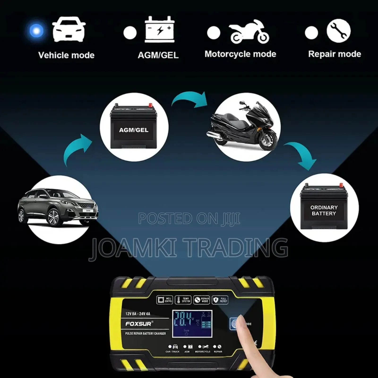 12v-24v Car Battery Charger, Pulse Repair With LCD