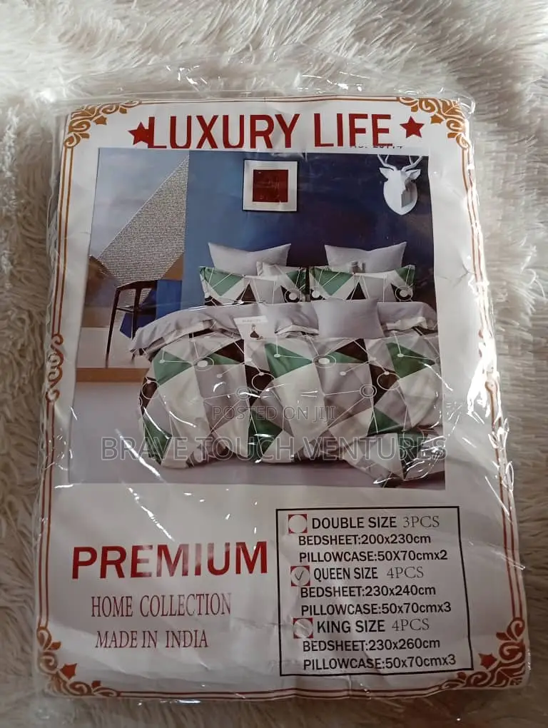Queen Size Bedsheet With 3 Pillow Cases - Green/Brown/White