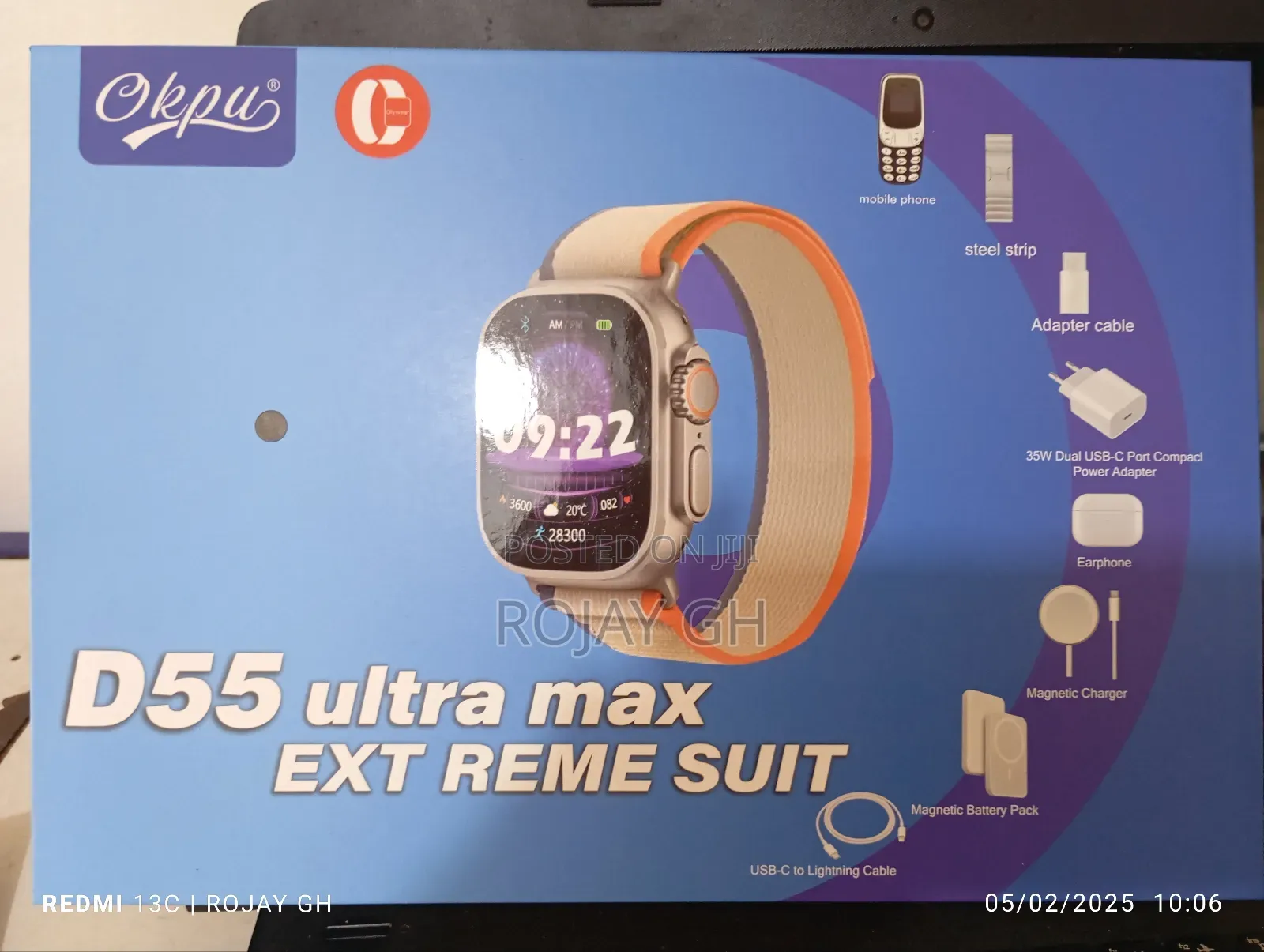 Ultra D55 Smartwatch + Mini Phone + Airpod + Magsafe- Orange