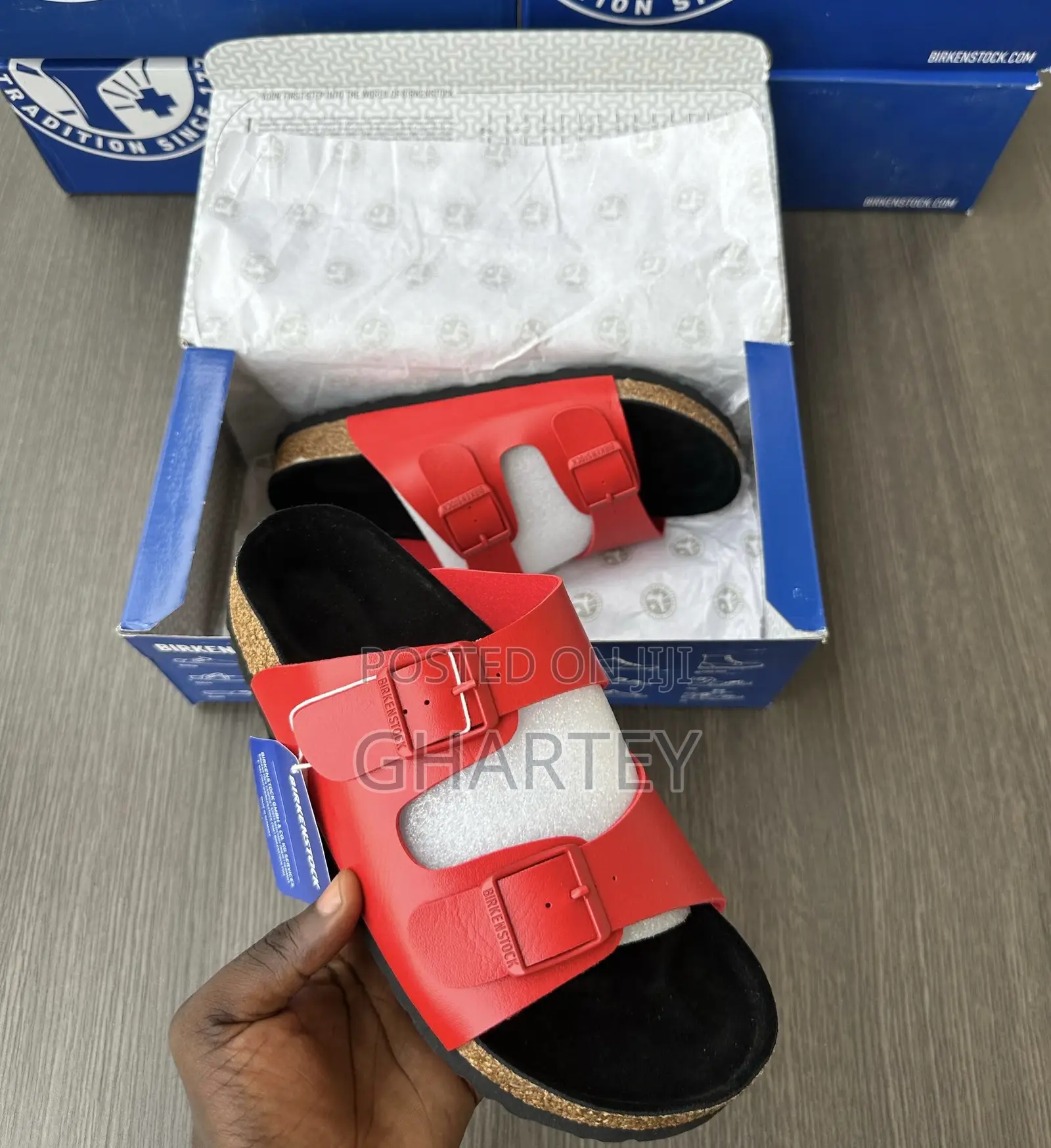 Arizona Birkenstock Red Strap, Black Footbed