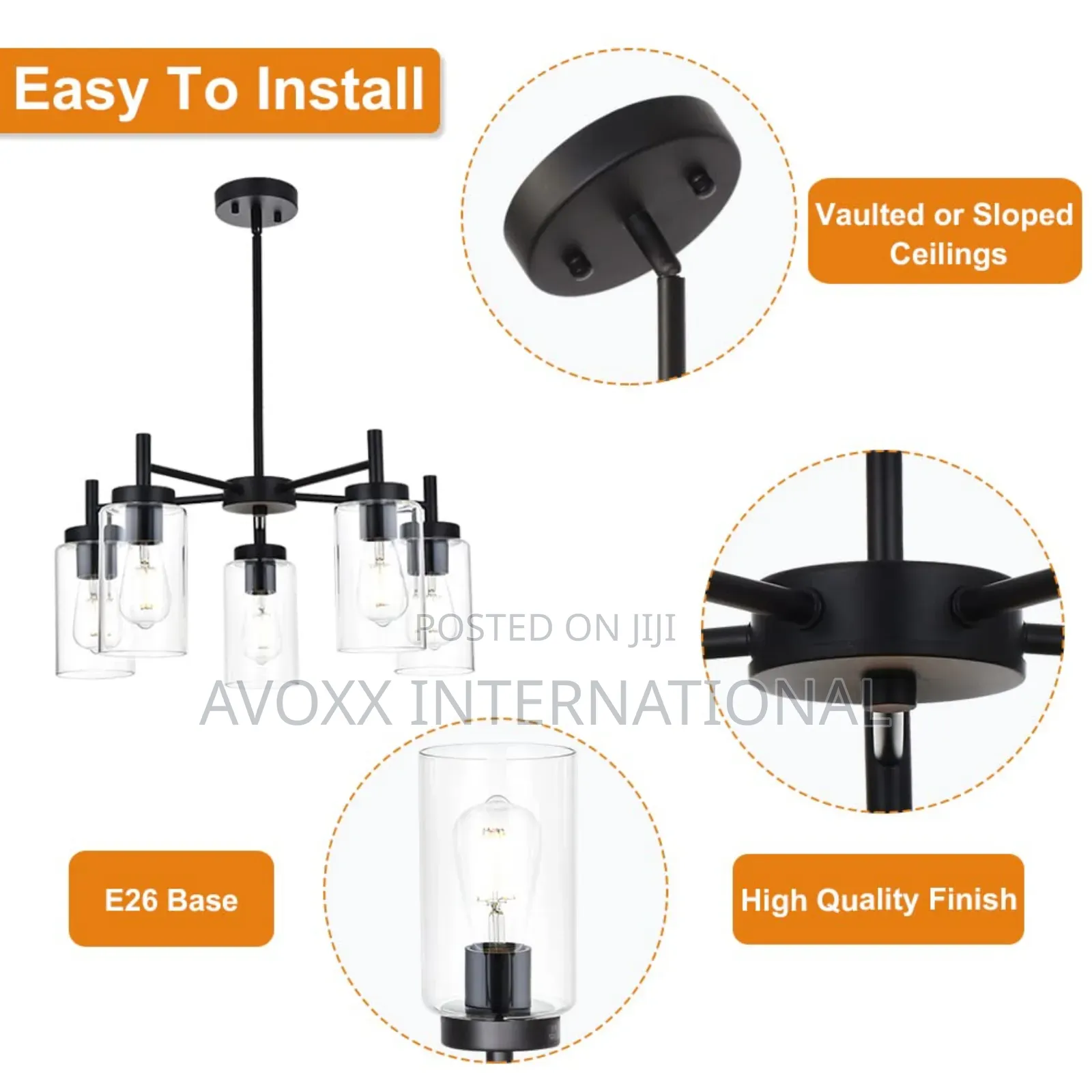 VINLUZ 5 Light Contemporary Chandelier Black Modern Lighting