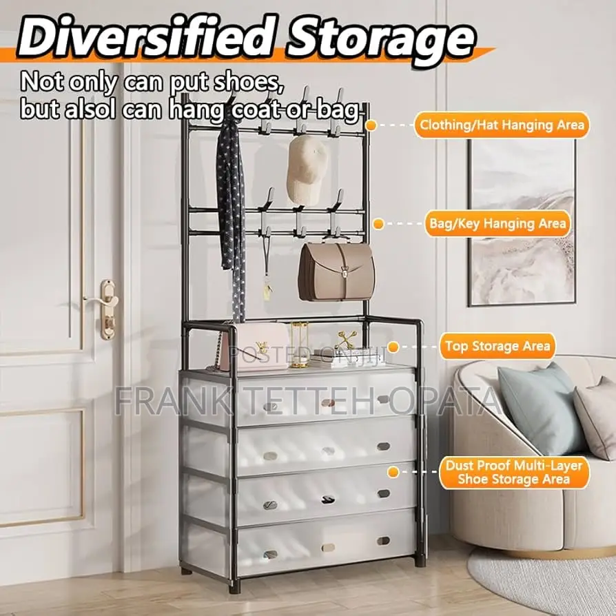 5 Tier Metal Shoes Shelf With Hooks Cover for Entryway