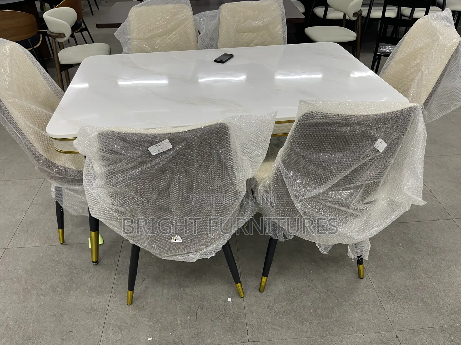 Dining Table With 6 Quality Leather Chairs and Marble Top