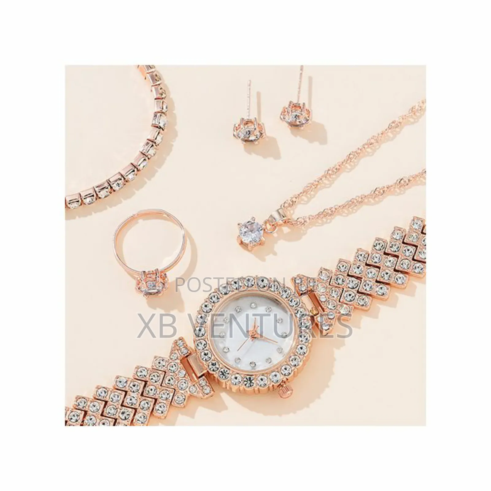 Fashion Watch +Bracelet + Necklace + Ring + Earrings - Pink