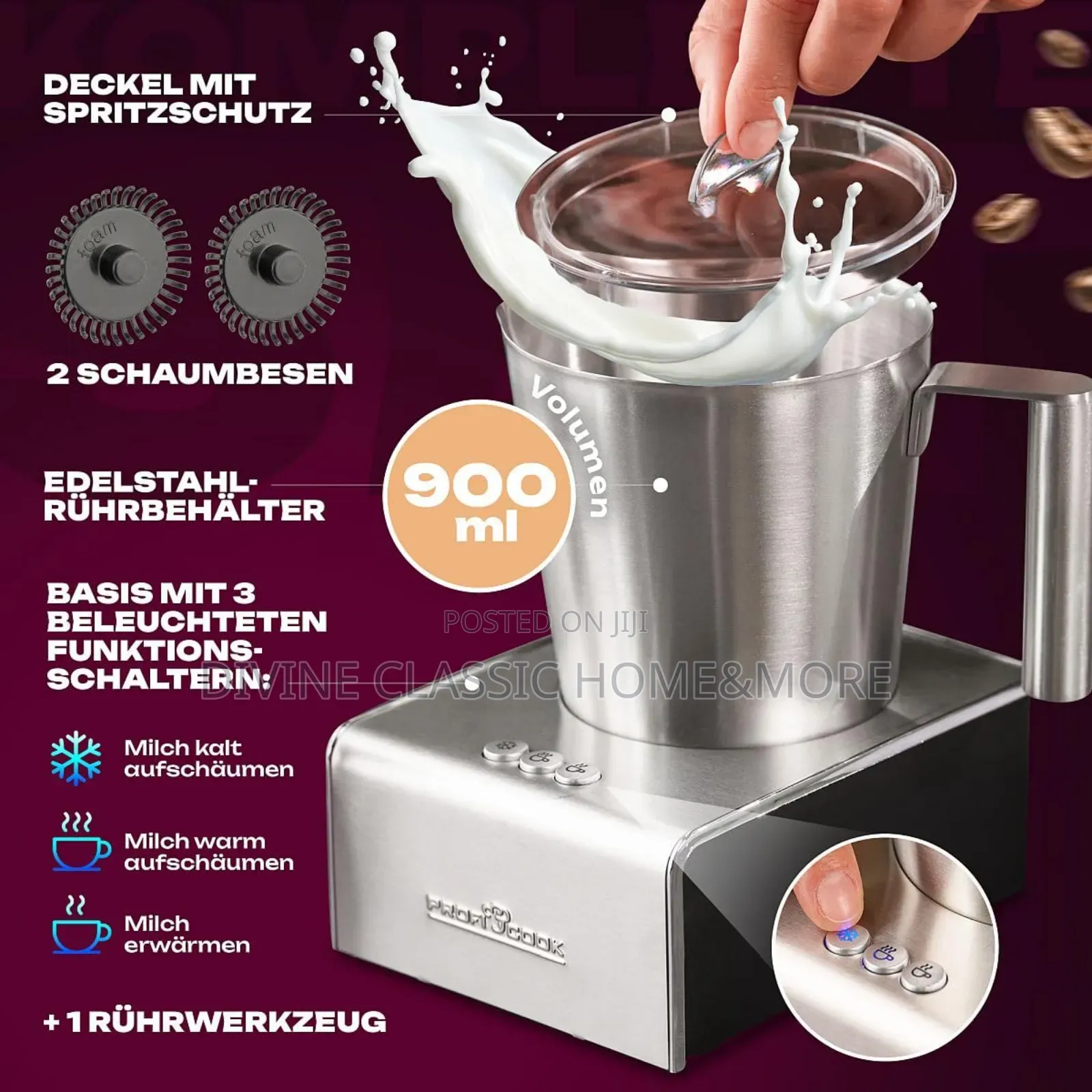 Proficook Stainless-Steel Milk Frother for Hot Cold Milk