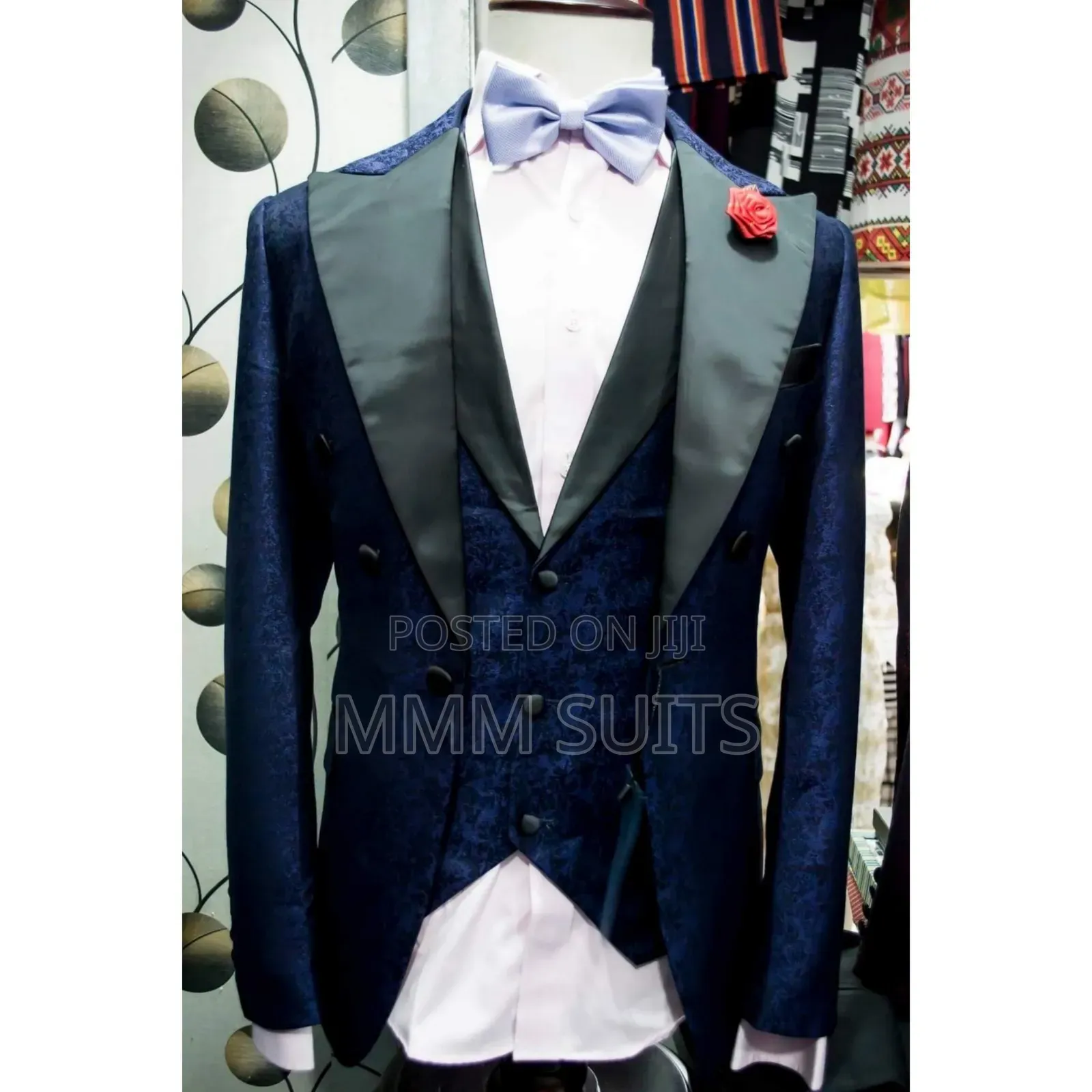 Quality Turkish 3-piece Men Suit Blue-black Patterned
