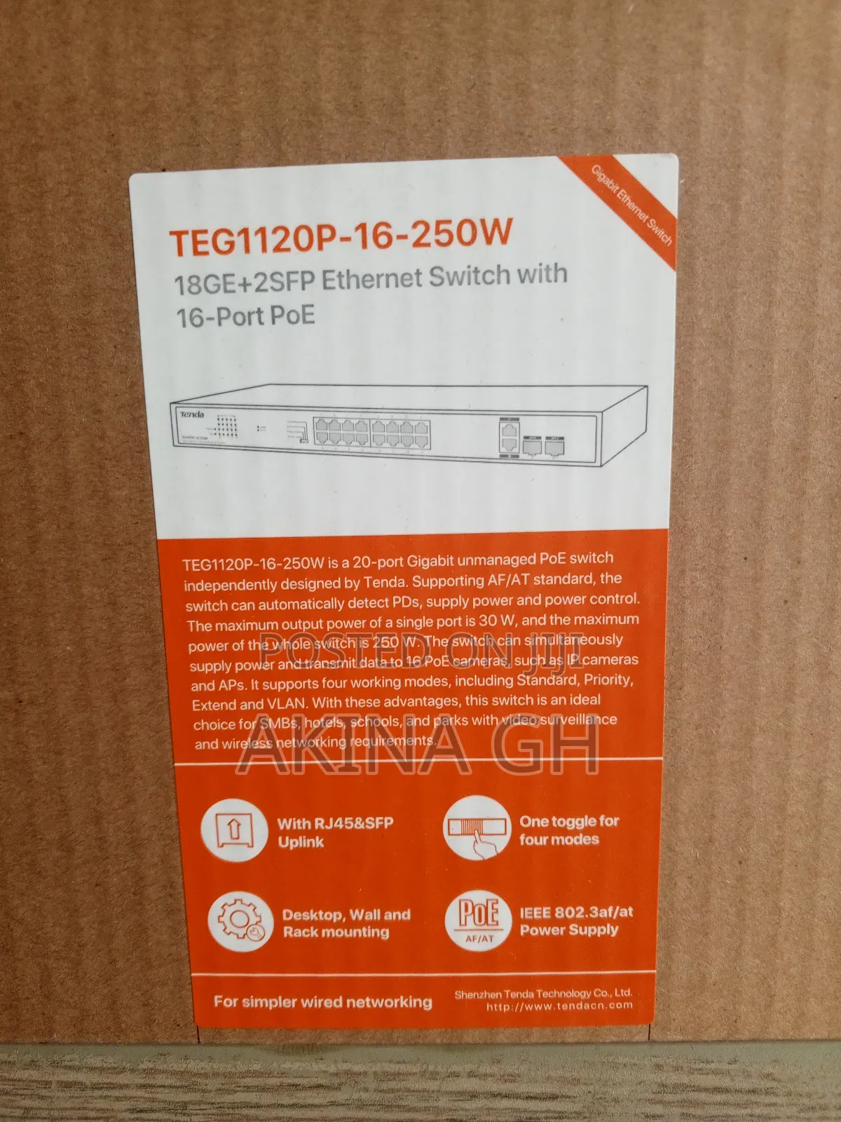 Tenda 18ge+2sp Gigabit Ethernet Poe Switch Teg1120p-16-250w