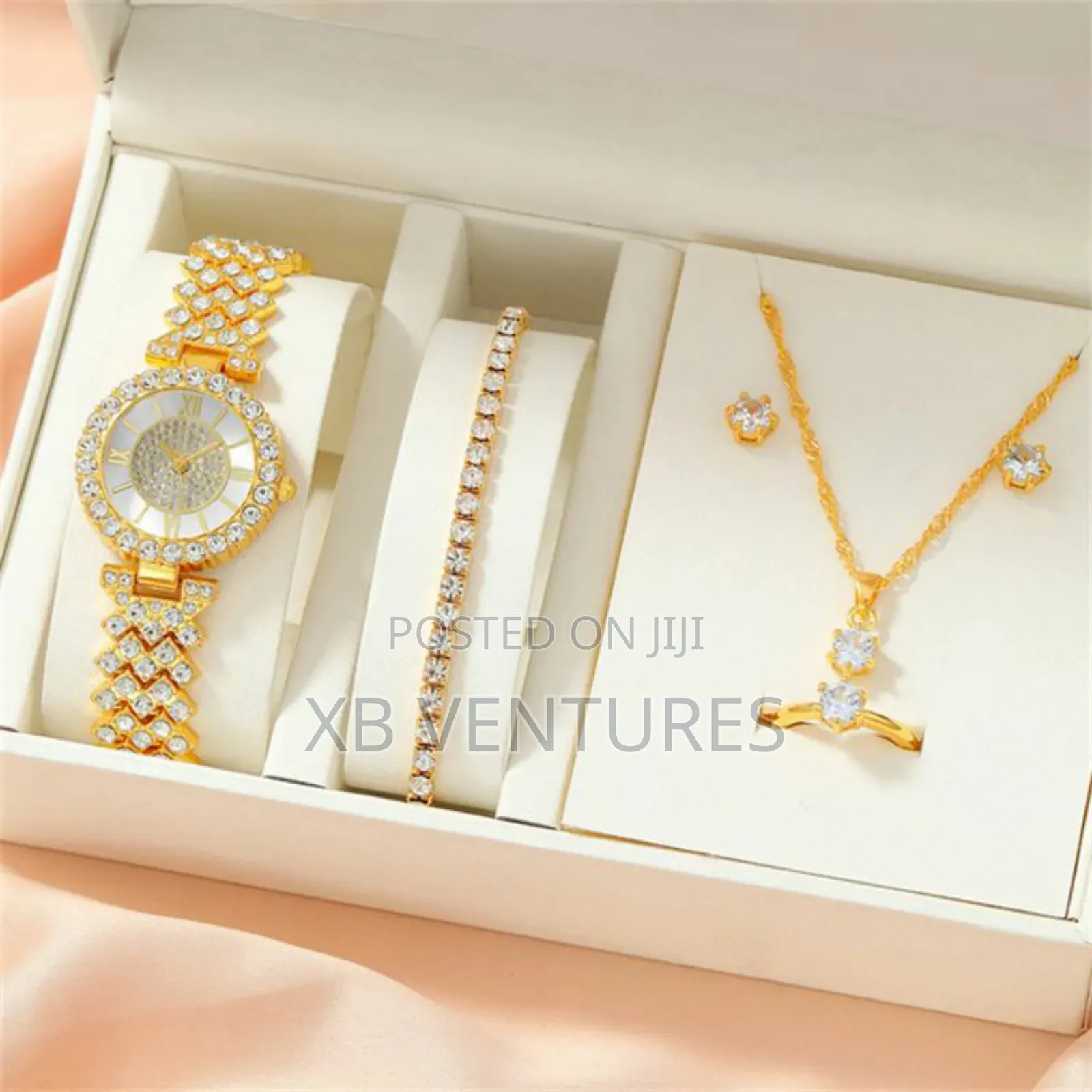 Fashion Watch +Bracelet + Necklace + Ring + Earrings - Pink