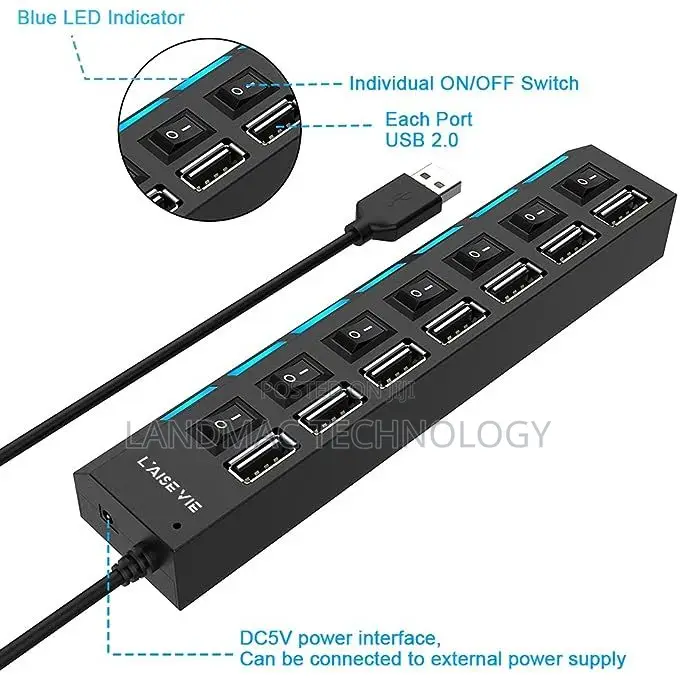 7 Port Usb 2.0 High Speed Power Splitter Switch On/Off